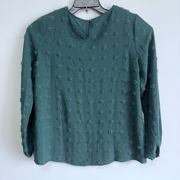 Boho Swiss Dot Pom Pom Long Sleeve Blouse Dark Teal Green Size Large - Picture 6 of 8